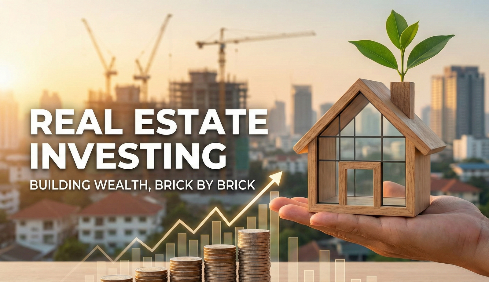 Modern city skyline and residential homes representing real estate investment