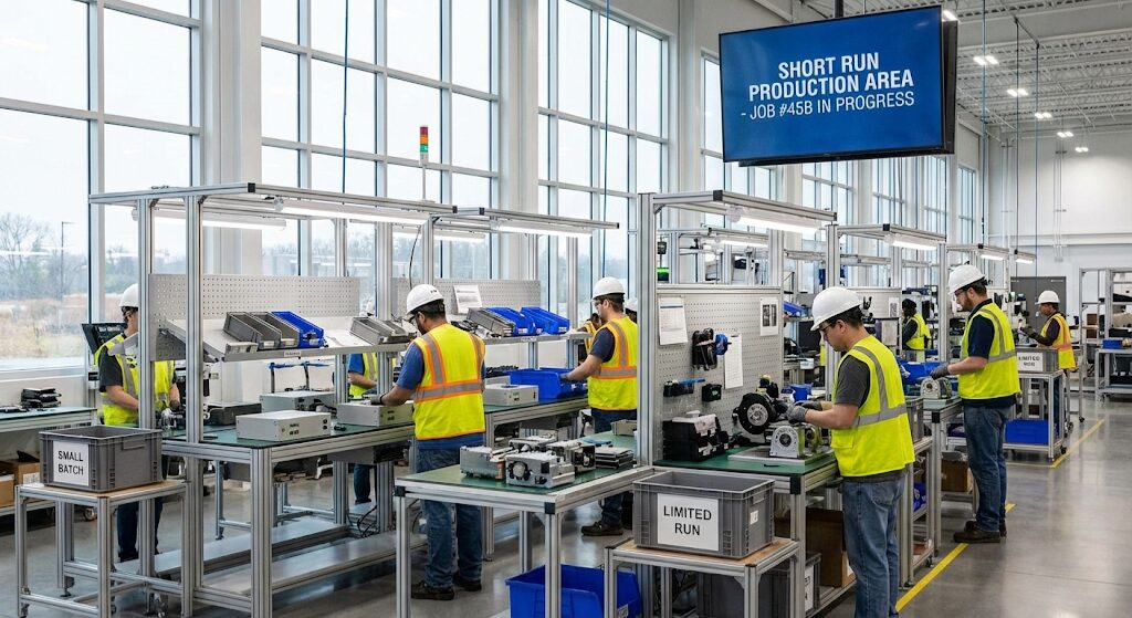 Factory assembly line representing industrial short run production