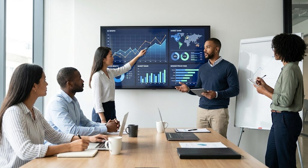 Business team analyzing financial charts and strategic data on a screen