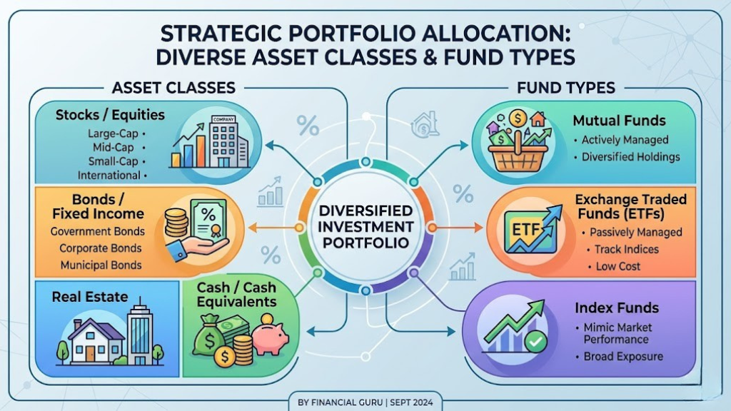 Diverse investment portfolio allocation showing fund types and asset classes