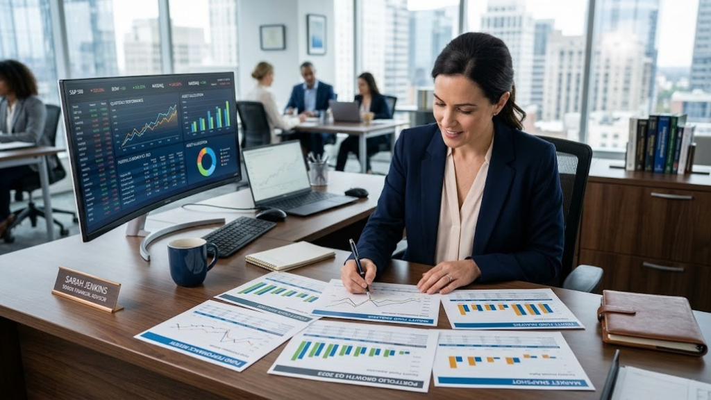 Financial advisor reviewing fund performance charts on desk