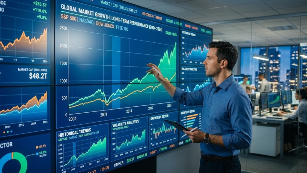 Performance charts showing long-term market growth on digital screens