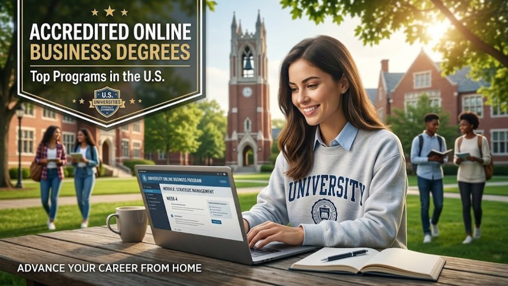 University campus representing accredited online business degrees in the U.S.