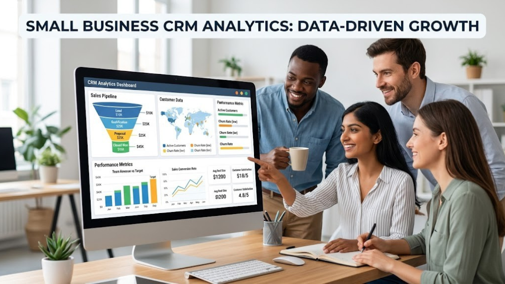 CRM analytics dashboard showing sales pipeline, customer data, and performance metrics for small business teams