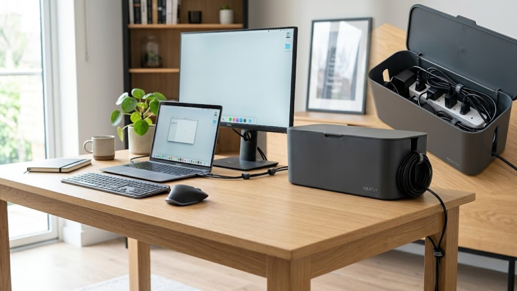 Best cable management boxes hero — tangle-free desk setup with organized power cables
