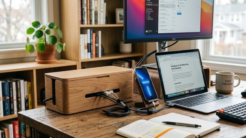 Cable management box on a home office desk hiding power strip and charger cables