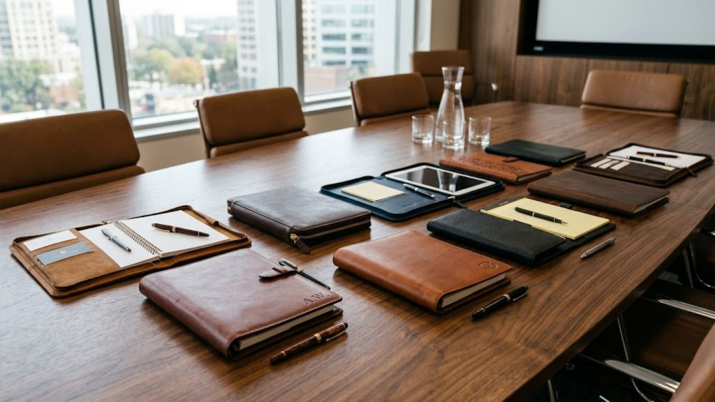 Collection of premium leather padfolios arranged on conference table