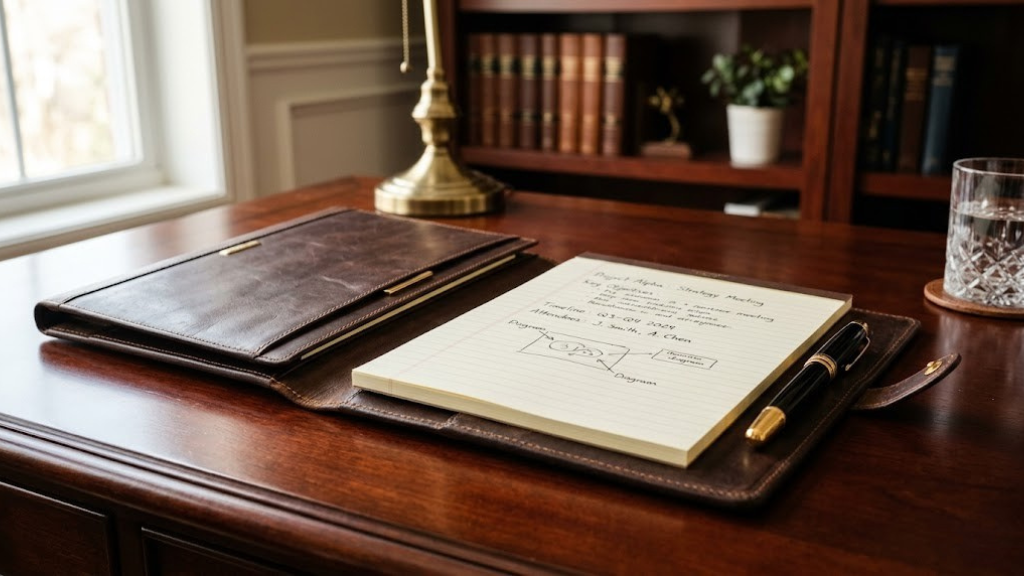 Luxury leather padfolio with executive pen and notepad on mahogany desk