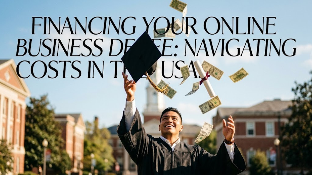 University graduate tossing cap with dollar bills and degree certificate representing online business degree costs in the USA