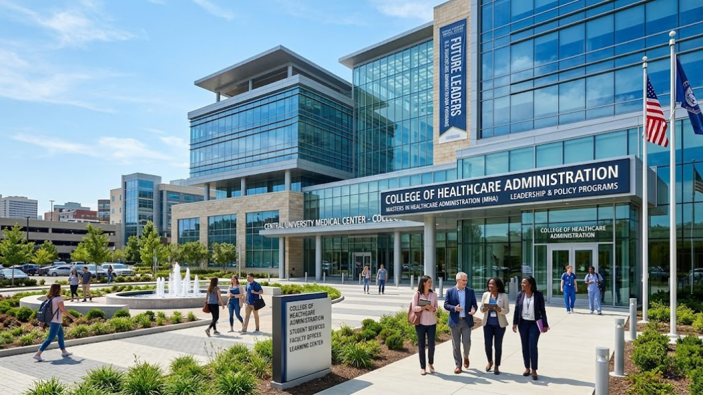 Modern hospital building representing healthcare administration programs in the U.S.