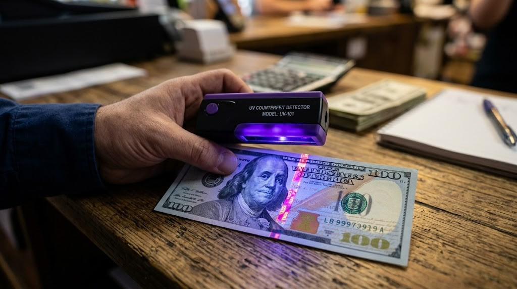 Close-up of a UV counterfeit detector scanning a US dollar bill