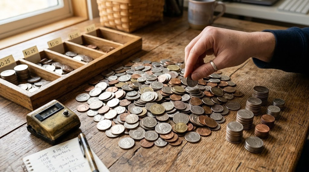 Pile of mixed coins on a wooden surface representing coin counting and sorting