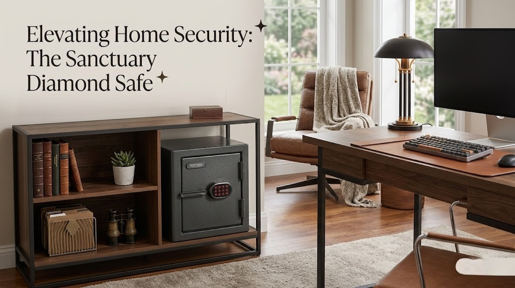 Interior view of a fireproof home safe showing shelves and digital lock