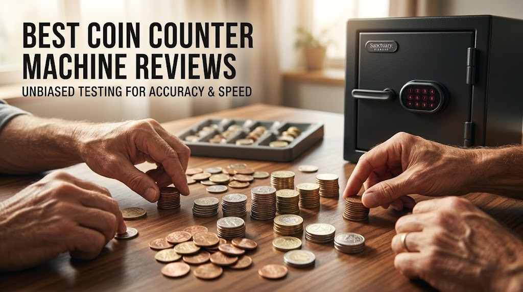 Hands sorting and counting coins on a desk - hero image for best coin counter machine review