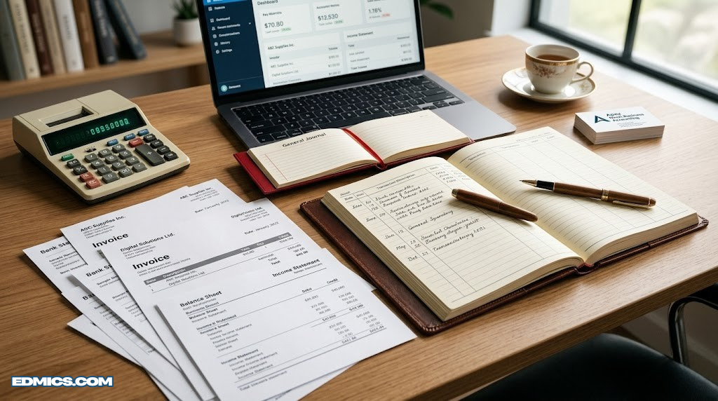 Accounting basics — ledger books and financial documents on a clean desk