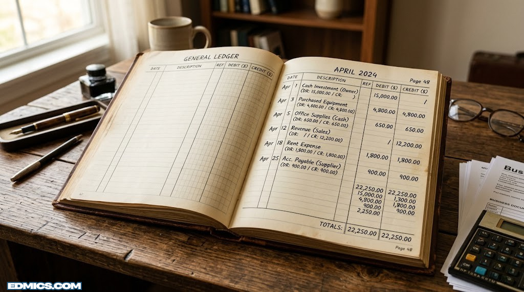 An open accounting ledger showing debit and credit columns — double-entry bookkeeping in practice