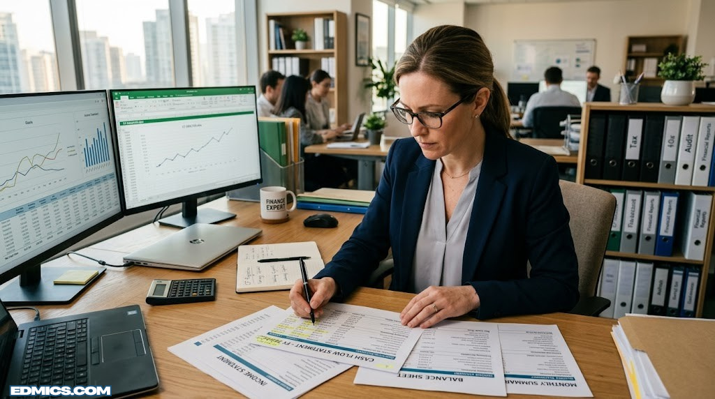 Cash flow analysis – accountant reviewing financial statements