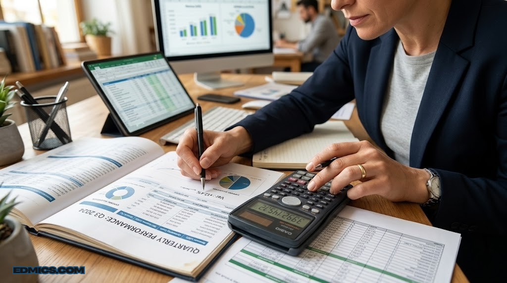 Close-up of an accountant reviewing financial reports with a calculator and spreadsheets