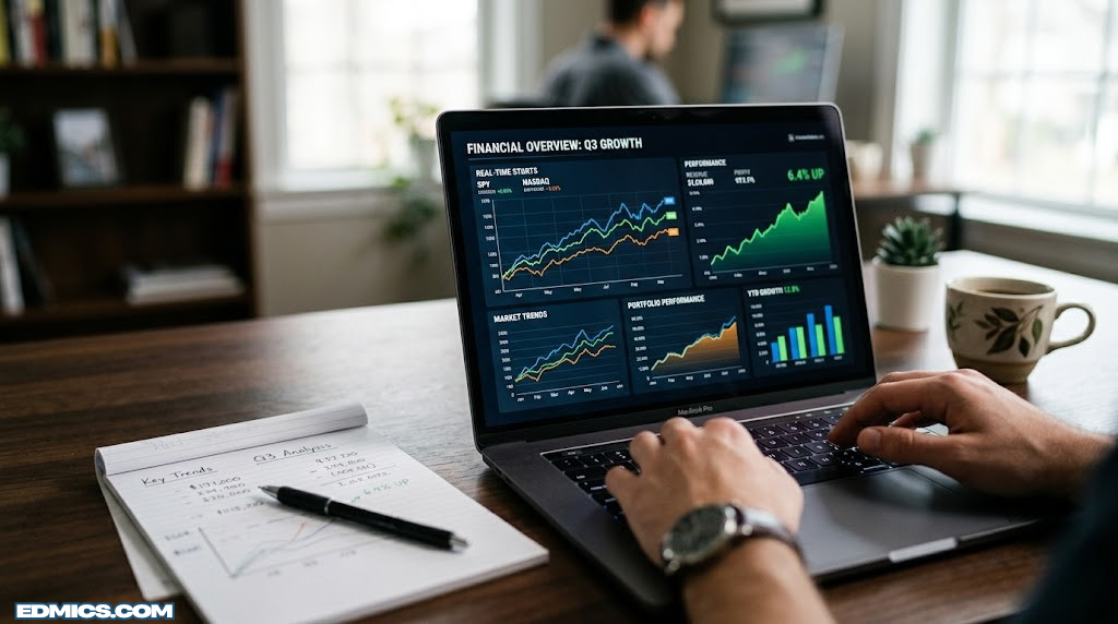 Close up of financial charts and a laptop screen