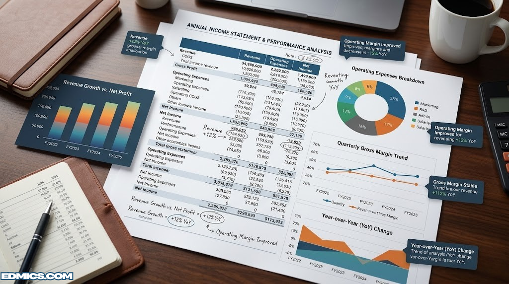 Financial documents showing an income statement with charts and analysis