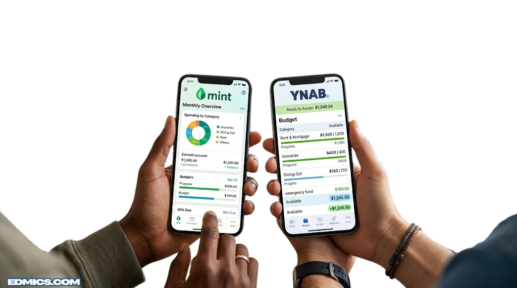 Mint vs YNAB budgeting app comparison on smartphone screens