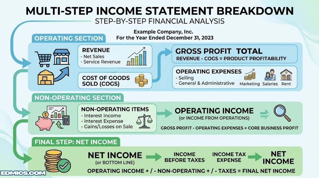 Multi-step income statement breakdown with labeled sections for revenue, gross profit, operating income, and net income