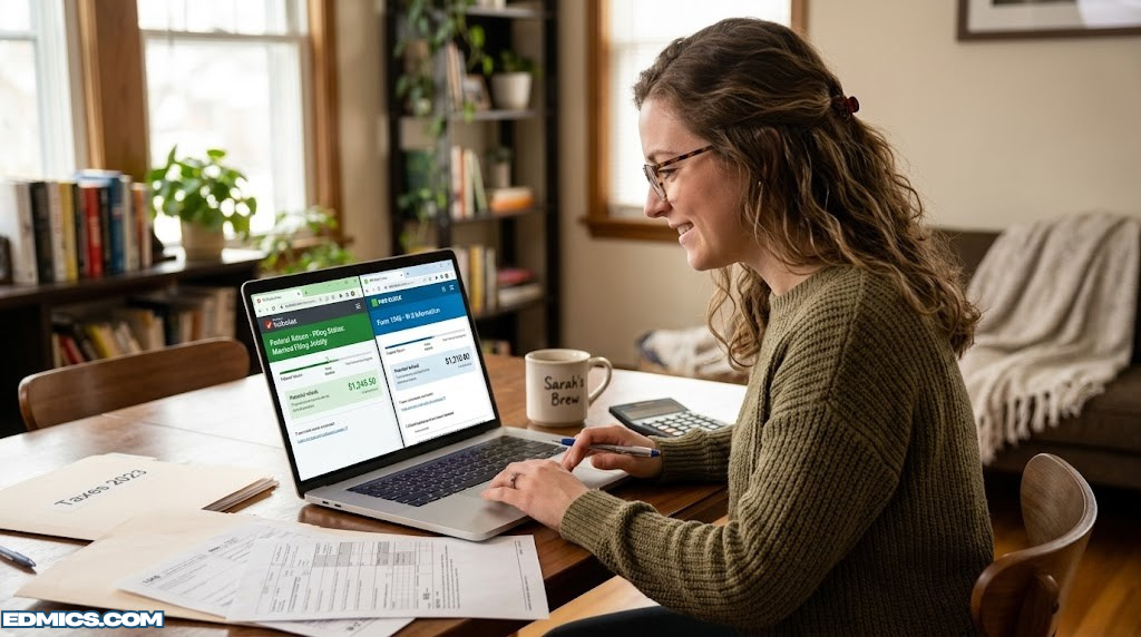 Person filing taxes online, comparing TurboTax and H&R Block on a laptop