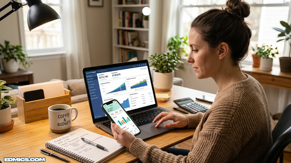 Person reviewing financial dashboards and budgeting charts on a laptop and phone, comparing Personal Capital and Mint money management apps