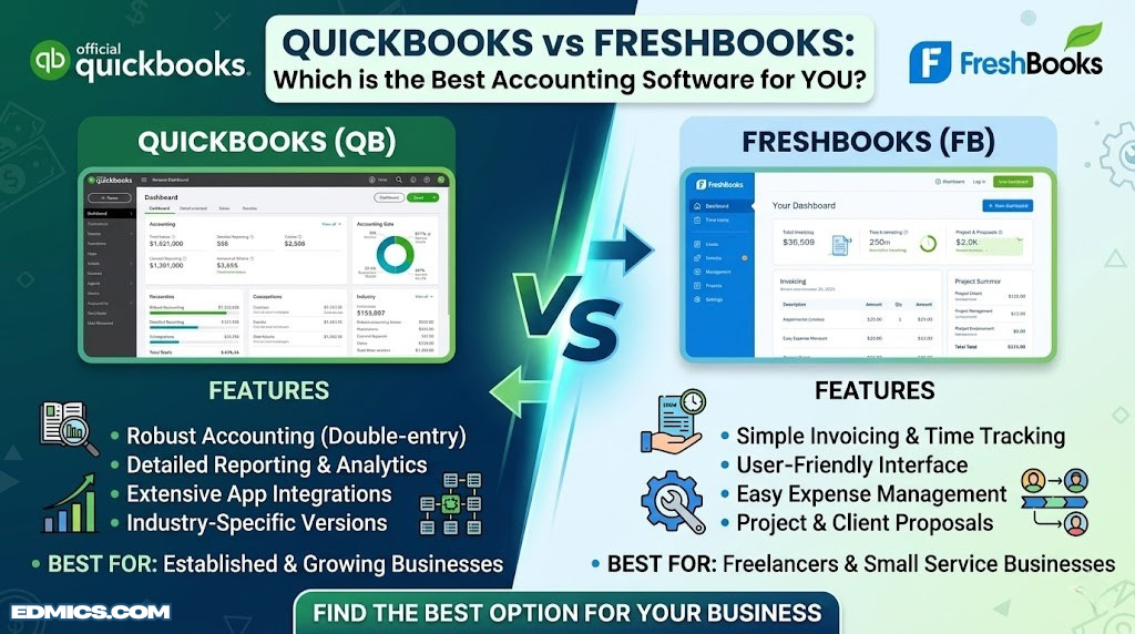 QuickBooks and FreshBooks accounting dashboards on laptop screens