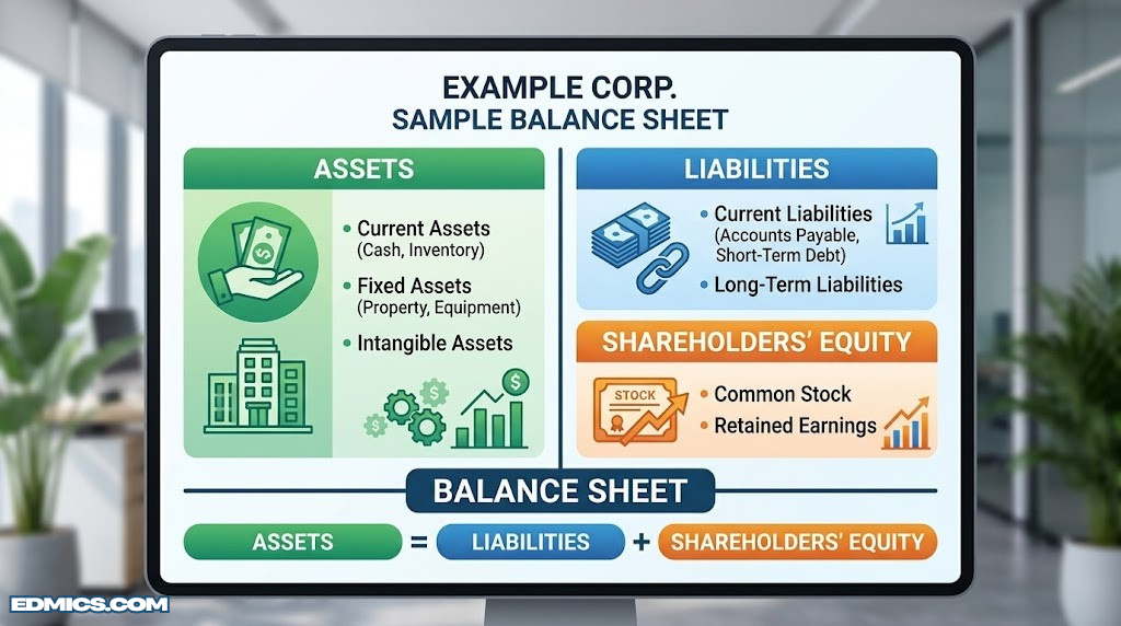 Sample balance sheet showing the three main sections: assets, liabilities, and shareholders equity