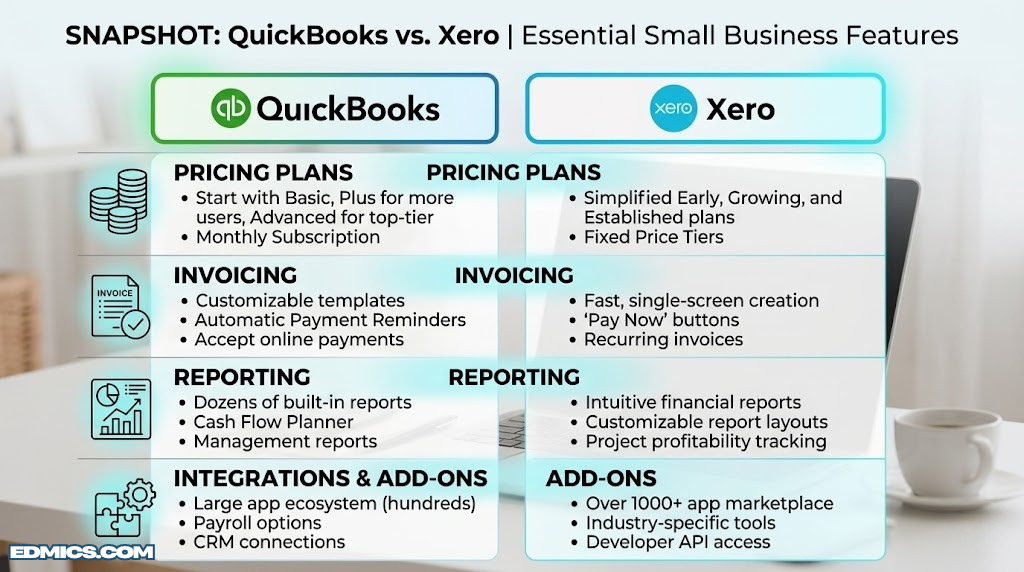 Snapshot graphic showing QuickBooks and Xero feature categories including pricing, invoicing, reporting, and integrations