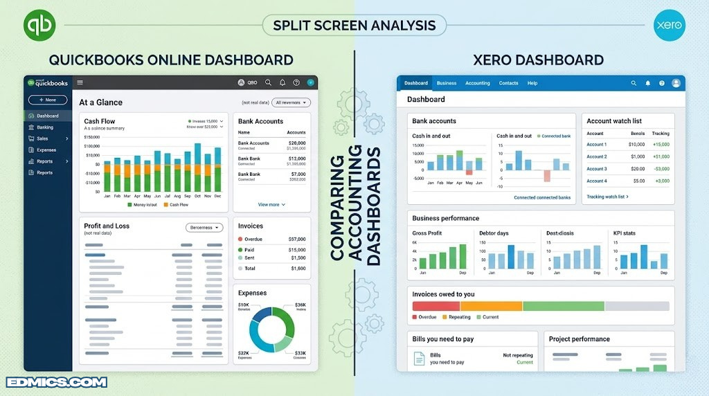 Split illustration comparing QuickBooks Online and Xero accounting software dashboards side by side