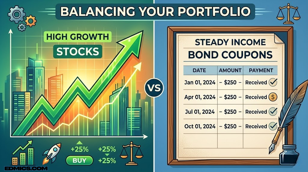Split illustration contrasting a rising stock chart with a steady bond coupon ledger