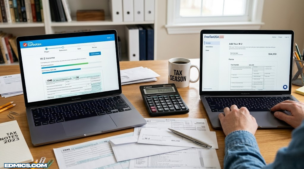 Tax documents, calculator, and laptop comparing TurboTax and FreeTaxUSA interfaces